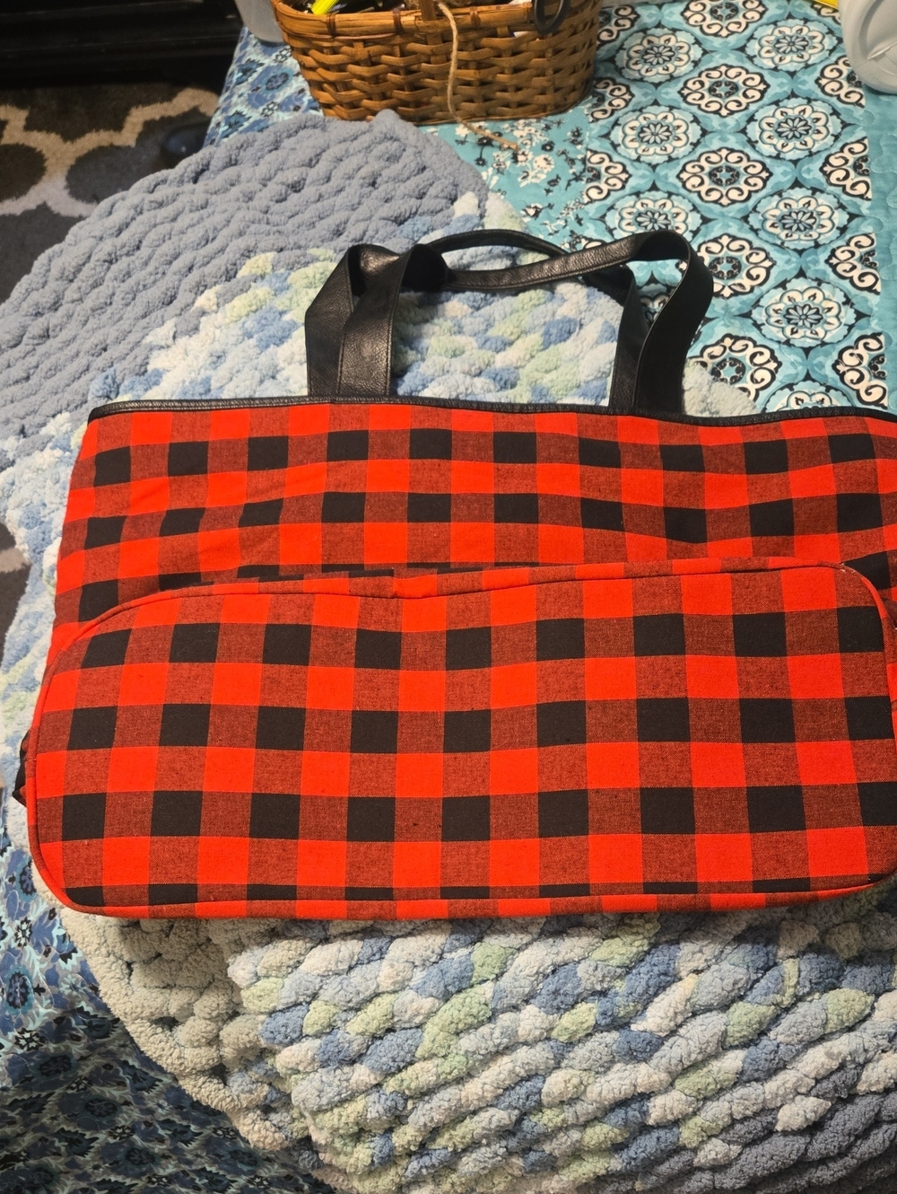 Red and Black Buffalo Plaid Tote with Black Handles